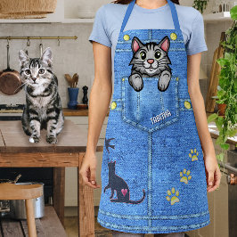Graue Katze in Imitaten Denim Pocket mit Individue Schürze