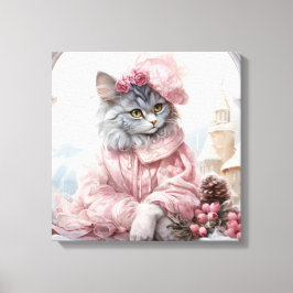 Graue Katze in rosa in einem Fenster gekleidet Leinwanddruck
