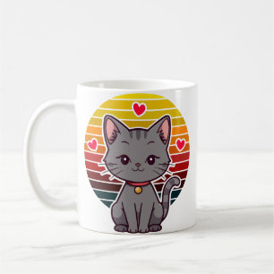 Graue Katze Kawaii Retro-Sonnenuntergang Anime-Kun Kaffeetasse