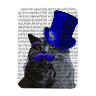 Graue Katze mit blauem Zylinder und dem blauen Magnet