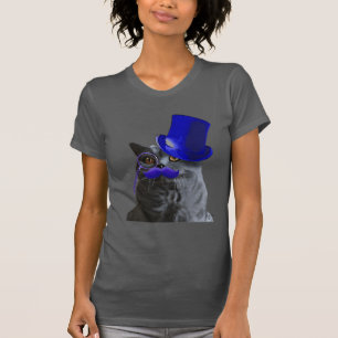 Graue Katze mit blauem Zylinder und dem blauen T-Shirt