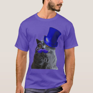 Graue Katze mit blauem Zylinder und dem blauen T-Shirt