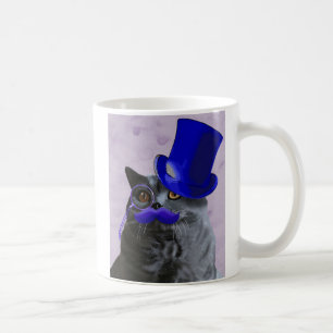 Graue Katze mit blauen Zylinder und dem Kaffeetasse
