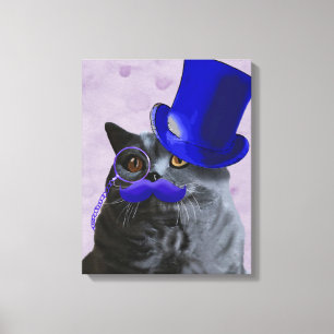 Graue Katze mit blauen Zylinder und dem Leinwanddruck