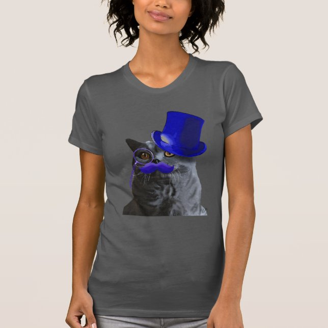 Graue Katze mit Blue Top Hat und Blue Mustache (Vorderseite)