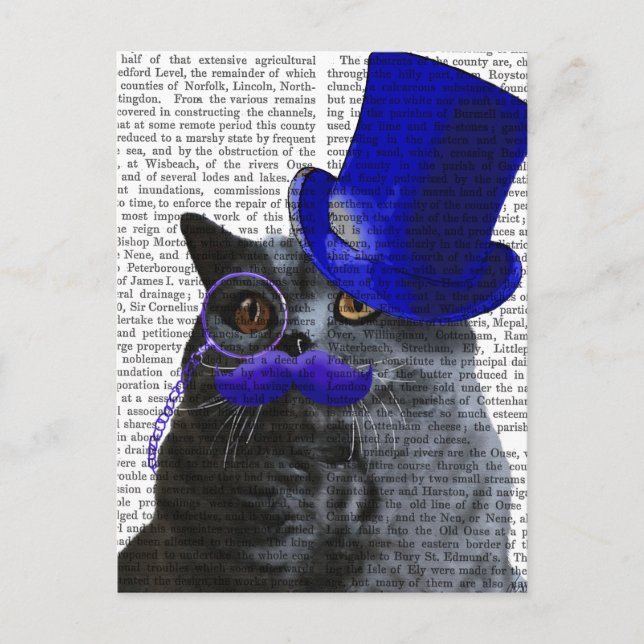 Graue Katze mit Blue Top Hat und Blue Mustache Postkarte (Vorderseite)