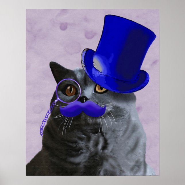 Graue Katze mit Blue Top Hat und Mustache Poster (Vorne)