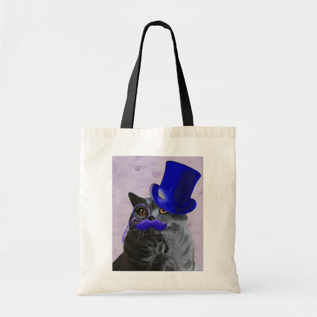 Graue Katze mit Blue Top Hat und Mustache Tragetasche (Vorne)