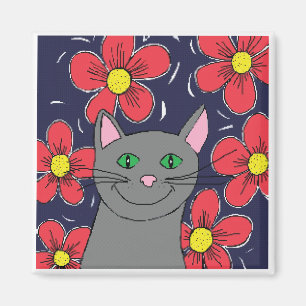 Graue Katze mit Blumen Magnet