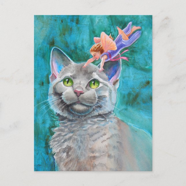 Graue Katze mit Fairy Postkarte (Vorderseite)