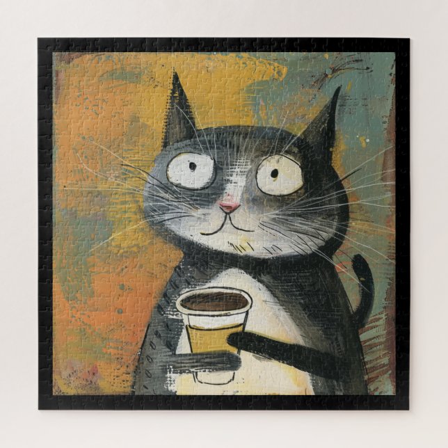 Graue Katze mit Kaffee auf Ocker (Vertikal)