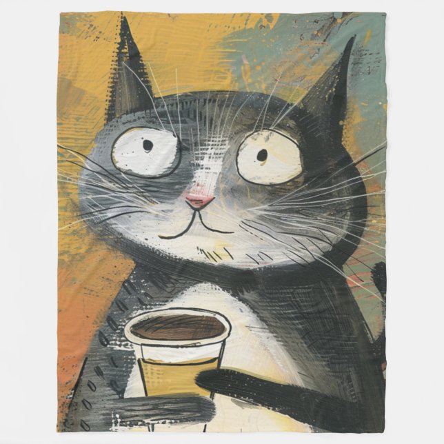 Graue Katze mit Kaffee auf Ocker Fleecedecke (Vorderseite)