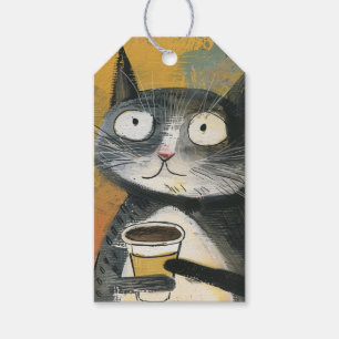 Graue Katze mit Kaffee auf Ocker Geschenkanhänger