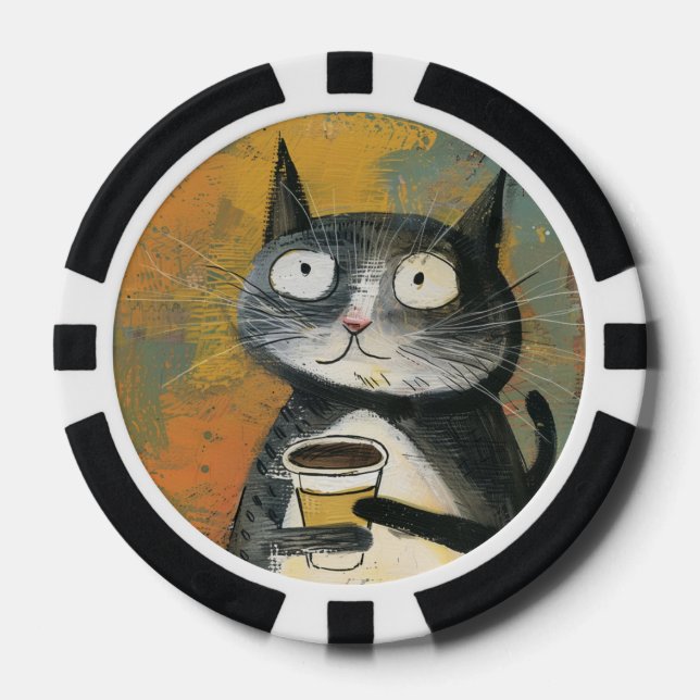 Graue Katze mit Kaffee auf Ocker Pokerchips (Vorderseite)