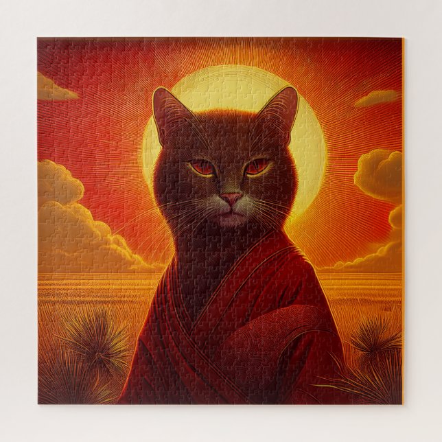 Graue Katze mit modischer Robe in der Sonnenunterg (Vertikal)