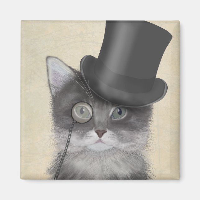 Graue Katze mit Top Hat Magnet (Vorne)