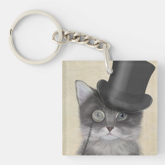 Graue Katze mit Top Hat Schlüsselanhänger (Vorderseite)