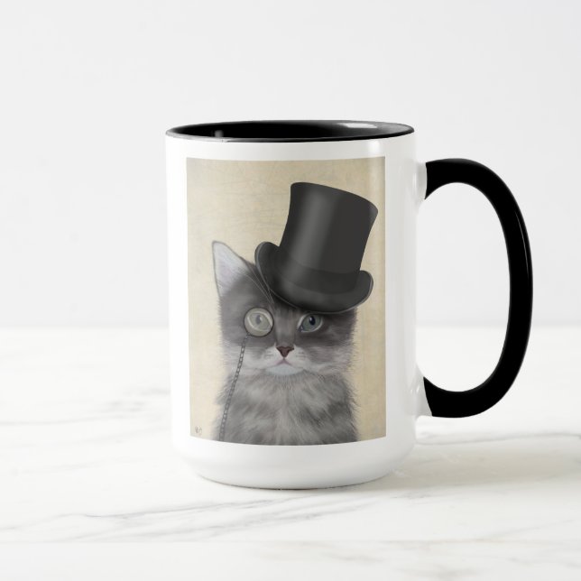 Graue Katze mit Top Hat Tasse (Rechts)