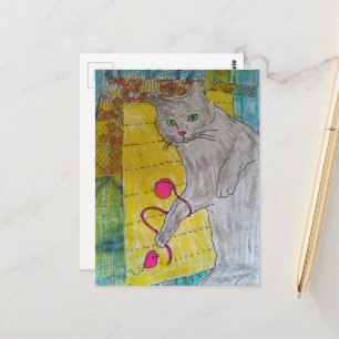 Graue Katze Mixed-Media-Collage Postkarte