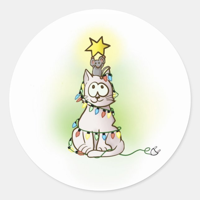 Graue Katze und Maus mit Weihnachtsbeleuchtung Runder Aufkleber (Vorderseite)