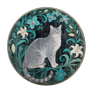 Graue Katze Verzierte Blumenrahmung Schneidebrett