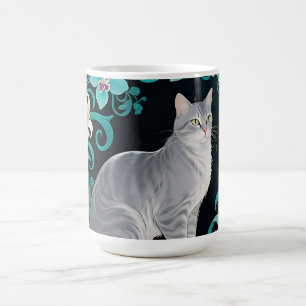Graue Katze Verzierte Blumenumrandung Kaffeetasse