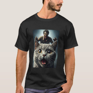 Graue Katzenselfie mit Zombie Lustiger Tierbesitze T-Shirt