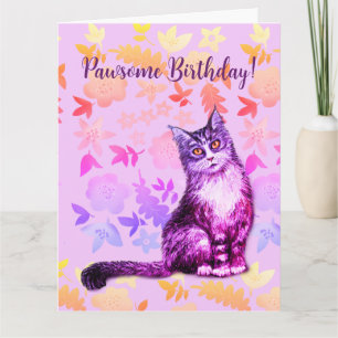 Graue langhaarige Katze Blumenkarte Karte