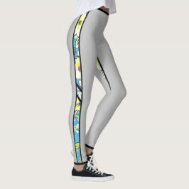 Graue Leggings mit blauem Blumensieb Streifen