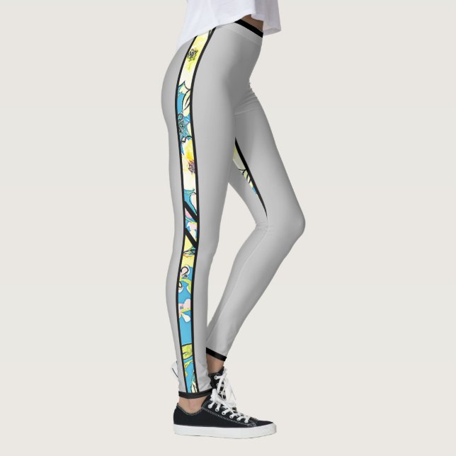 Graue Leggings mit blauem Blumensieb Streifen (Rechts)