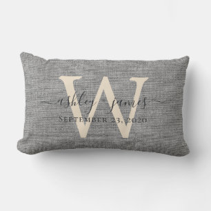 Graue Leinen-Elfenbein-Monogramm-Hochzeitsandenken Lendenkissen