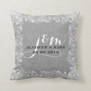 Graue Leinen- & Weiße Spitzen-2-Hochzeitskissen-Mo Kissen