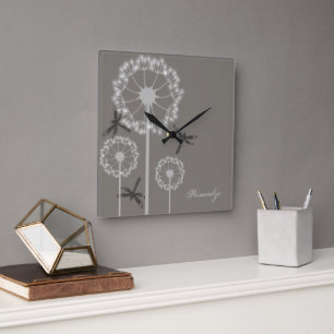 Graue Libellen-Uhr Quadratische Wanduhr