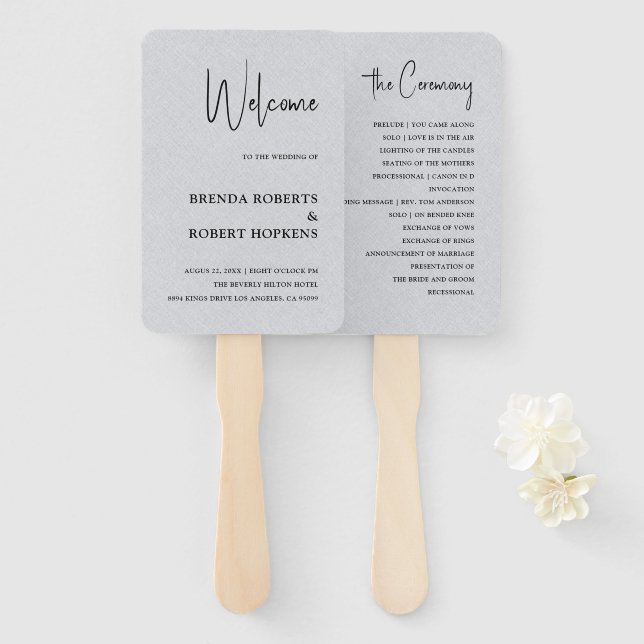 Graue Linen Einfaches Schwarzes Skript Hochzeitsha Fächer (Vorne und Hinten)