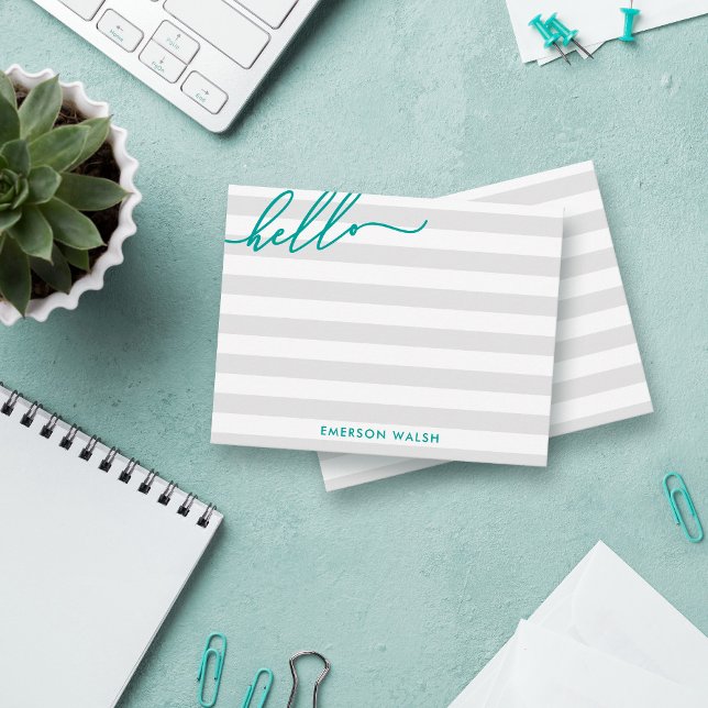 Graue Linien Aquamarin Hallo Name hinzufügen Mitteilungskarte (Von Creator hochgeladen)