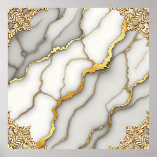 Graue Marmor-Gold-Ornamentrahmen-Muster Poster