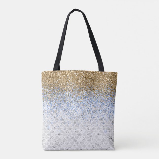 *~* Graue Marmorfliesen Gold Blue Glitzer Tasche (Rückseite)