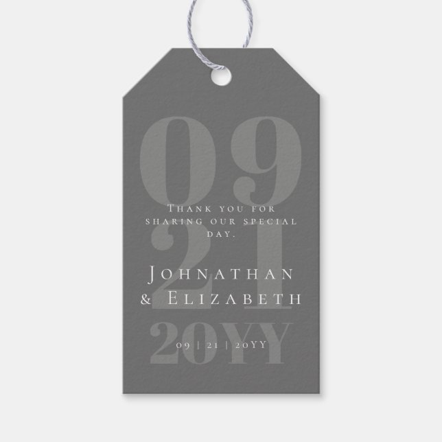 Graue Minimalistische, fette Gastgeschenk Hochzeit Geschenkanhänger (Vorderseite)