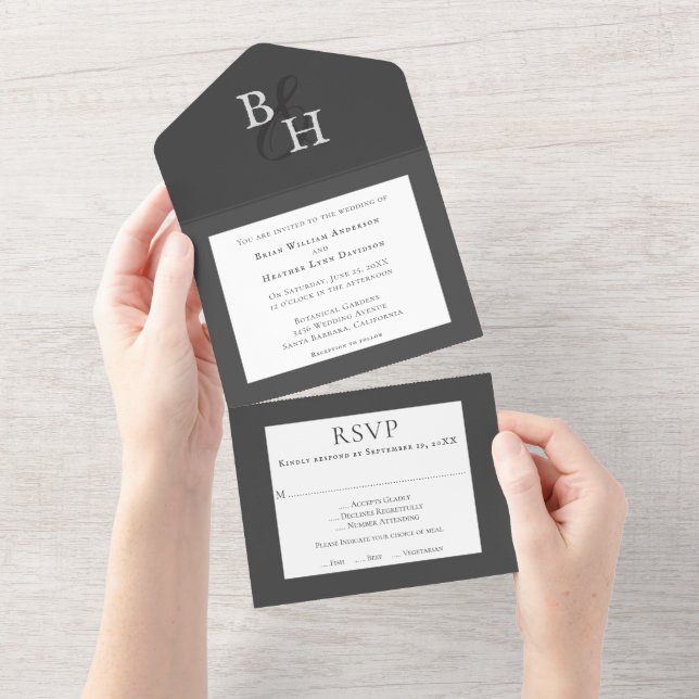Graue Minimalistische Monogramm-Hochzeit All In One Einladung (Abreißen)