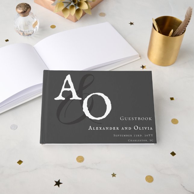 Graue Minimalistische Monogramm-Hochzeit Gästebuch (Vorderseite Offen)