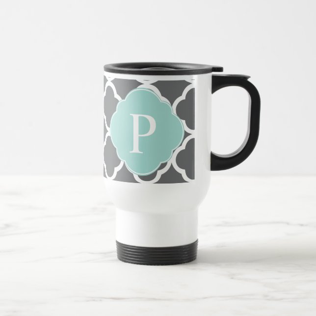 Graue Minze Quatrefolienmonogramm Reisebecher (Rechts)