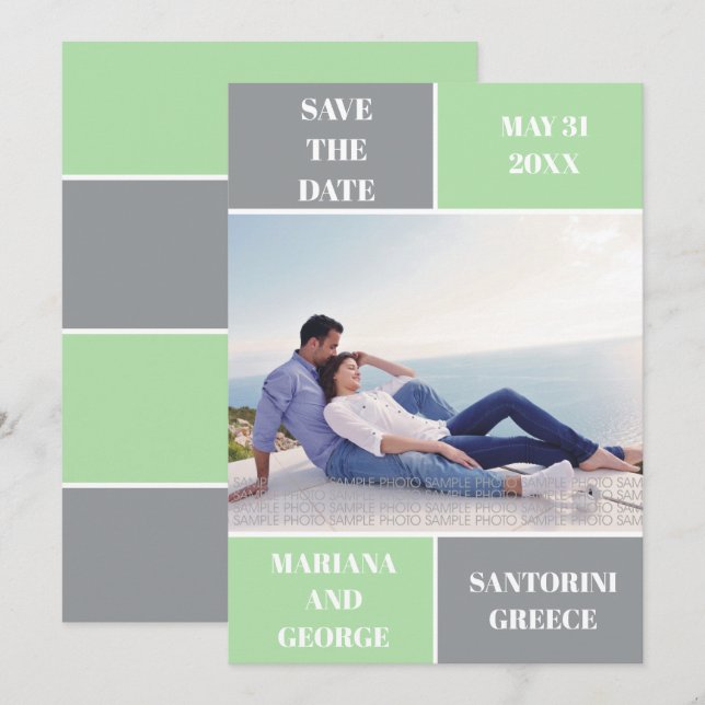 Graue, minzgrüne Farbe Block Hochzeit Das Datum sp Save The Date (Vorne/Hinten)