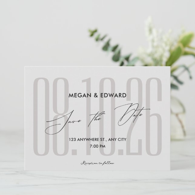 Graue moderne Hochzeit Save The Date (Stehend Vorderseite)