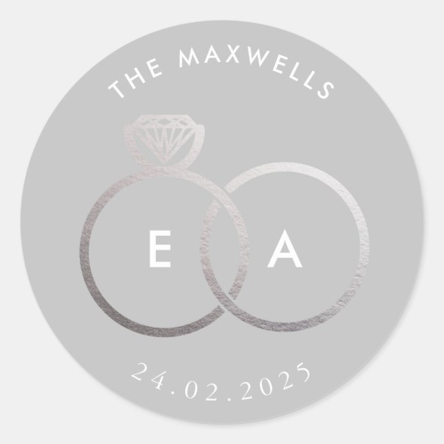 Graue, moderne Silber Rings Custom Wedding Sticker (Vorderseite)