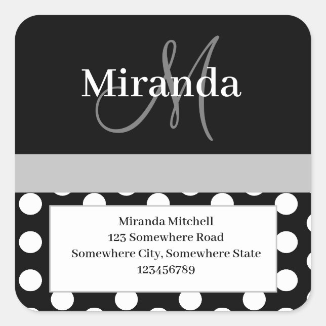 Graue Monogram White Polka Dot Rücksendeadresse Quadratischer Aufkleber (Vorderseite)