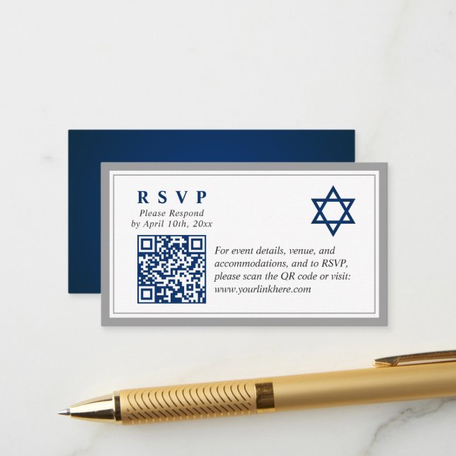 Graue Navy Blue Bar Mitzvah QR Code UAWG Budget Begleitkarte (Vorderseite/Rückseite Beispiel)