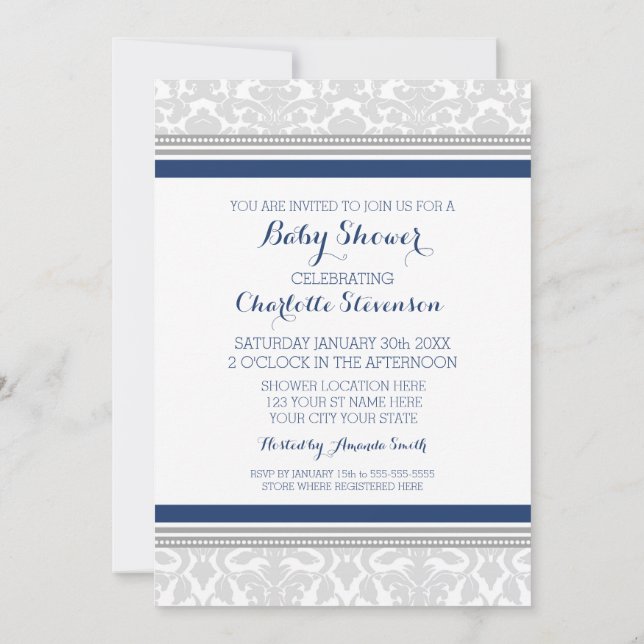 Graue Navy Blue Custom Baby Shower Einladungen (Rückseite)