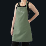 Graue Oliven-Schrift Name elegant solide Schürze<br><div class="desc">Personalisiertes olivgrün,  benutzerdefiniert,  moderne Skriptnamen Text monogram solide schlichte Farbe einfach gürlich elegante elegante Oliven-Grün-Weiß-Text-Küche Schürze. Anpassen,  personalisieren Sie es mit Namen,  Zitat,  Phrasen oder Text. Geeignet für Köche,  Koch,  Keramik,  Keramiken,  Handwerk,  Arbeit,  Küche,  Backen,  Grillen,  Grill etc.</div>