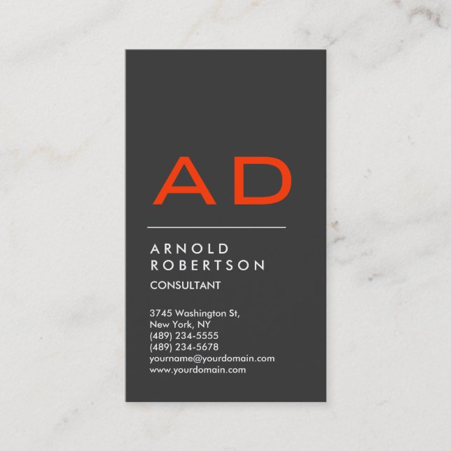 Graue Orange Trendy Monogram Business Card Visitenkarte (Vorderseite)