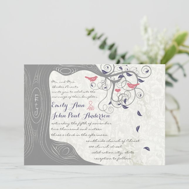 Graue Peach Lapis Blue Love Bird Wedding Einladung (Stehend Vorderseite)